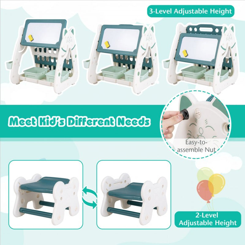 3-In-1 Double Sided Magnetic Dry-Erase Board with Stool and Flipped Writing Desktop