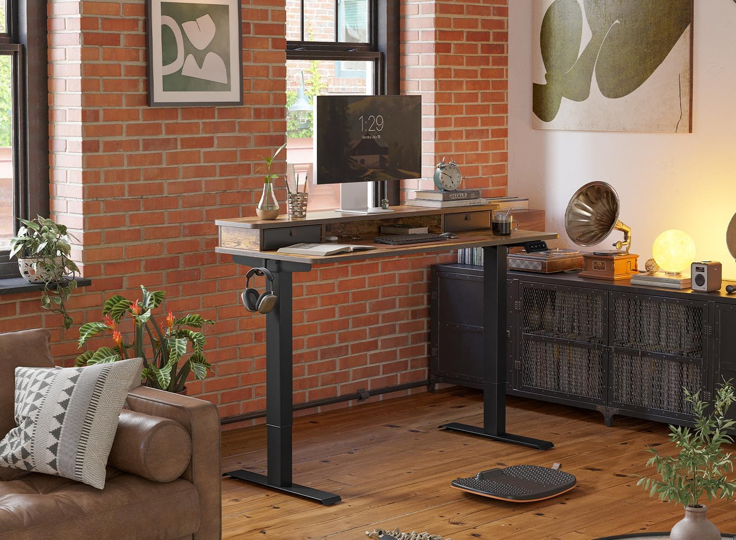 55'' Height Adjustable Electric Standing Desk with Double Drawer, Home Office Computer Desk with 4 Height-Adjustable Feets & 2 Hooks, Rustic Brown