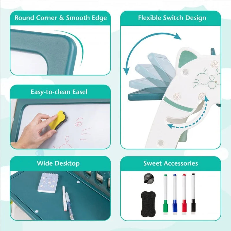 3-In-1 Double Sided Magnetic Dry-Erase Board with Stool and Flipped Writing Desktop