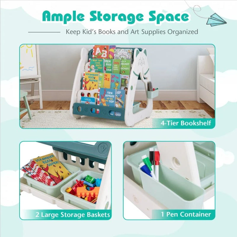 3-In-1 Double Sided Magnetic Dry-Erase Board with Stool and Flipped Writing Desktop
