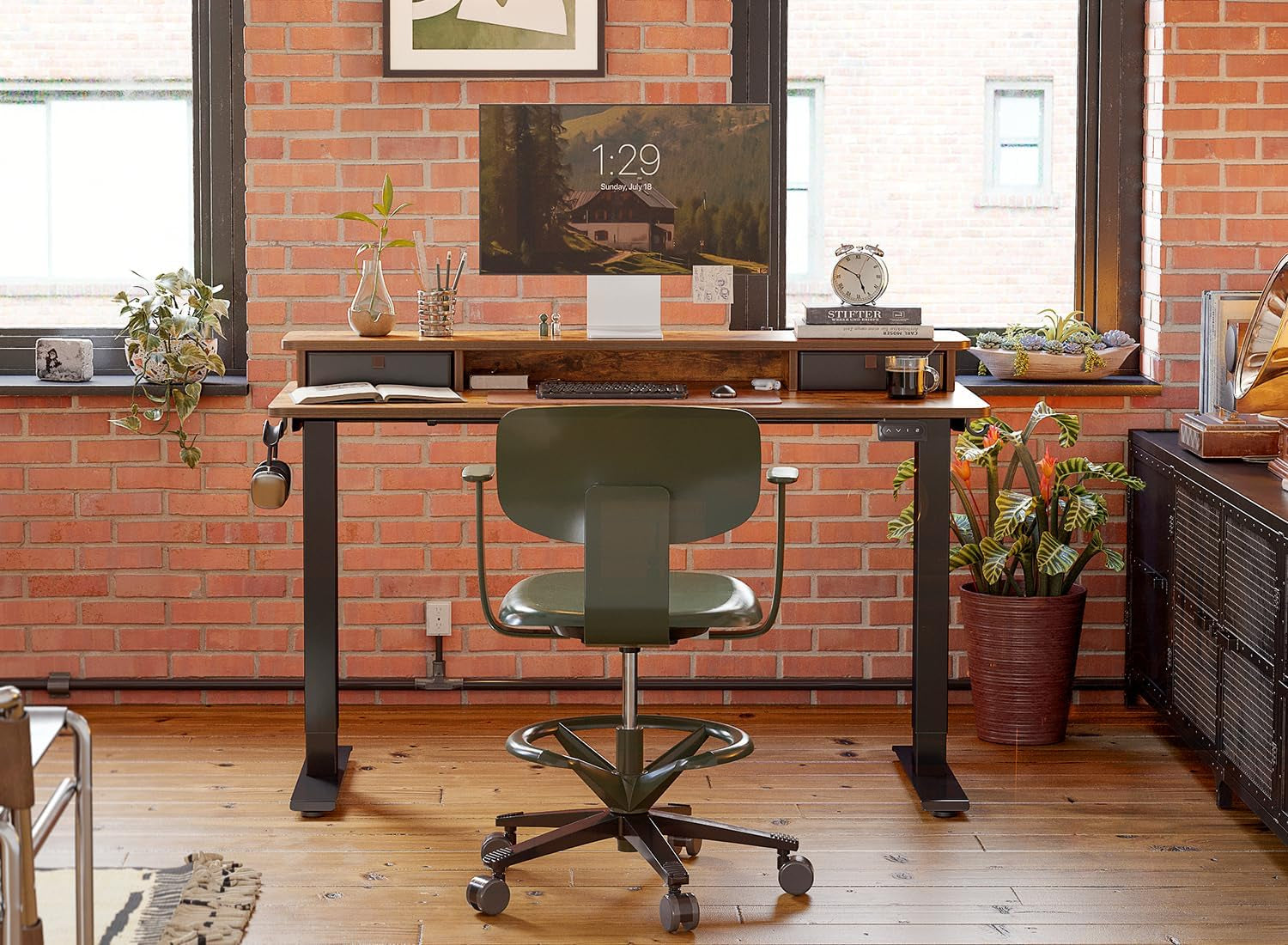 55'' Height Adjustable Electric Standing Desk with Double Drawer, Home Office Computer Desk with 4 Height-Adjustable Feets & 2 Hooks, Rustic Brown