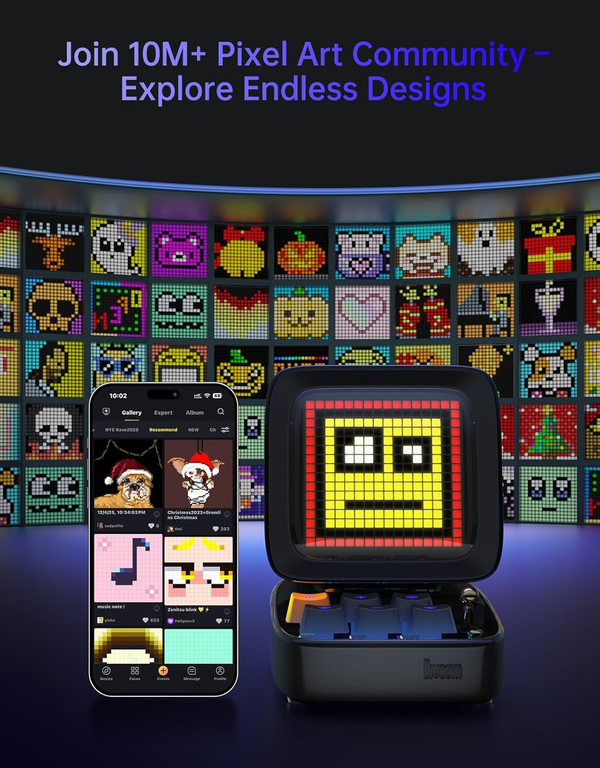 Ditoo Retro Pixel Art Game Bluetooth Speaker with 16X16 LED App Controlled Front Screen (Black)