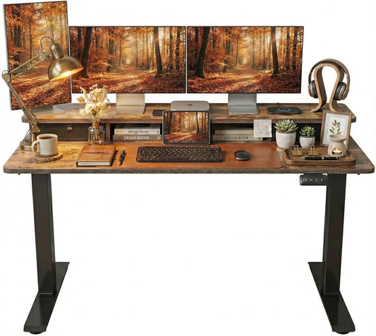 55'' Height Adjustable Electric Standing Desk with Double Drawer, Home Office Computer Desk with 4 Height-Adjustable Feets & 2 Hooks, Rustic Brown