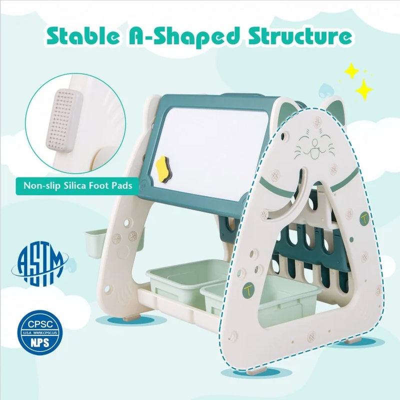 3-In-1 Double Sided Magnetic Dry-Erase Board with Stool and Flipped Writing Desktop
