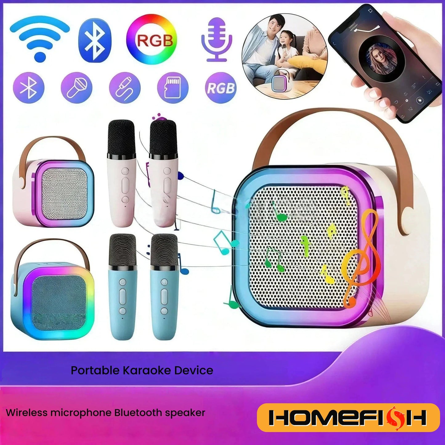 K12 Karaoke Machine Portable 5.3 PA Speaker System with 1-2 Wireless Microphones Home Family Singing Children'S Gifts